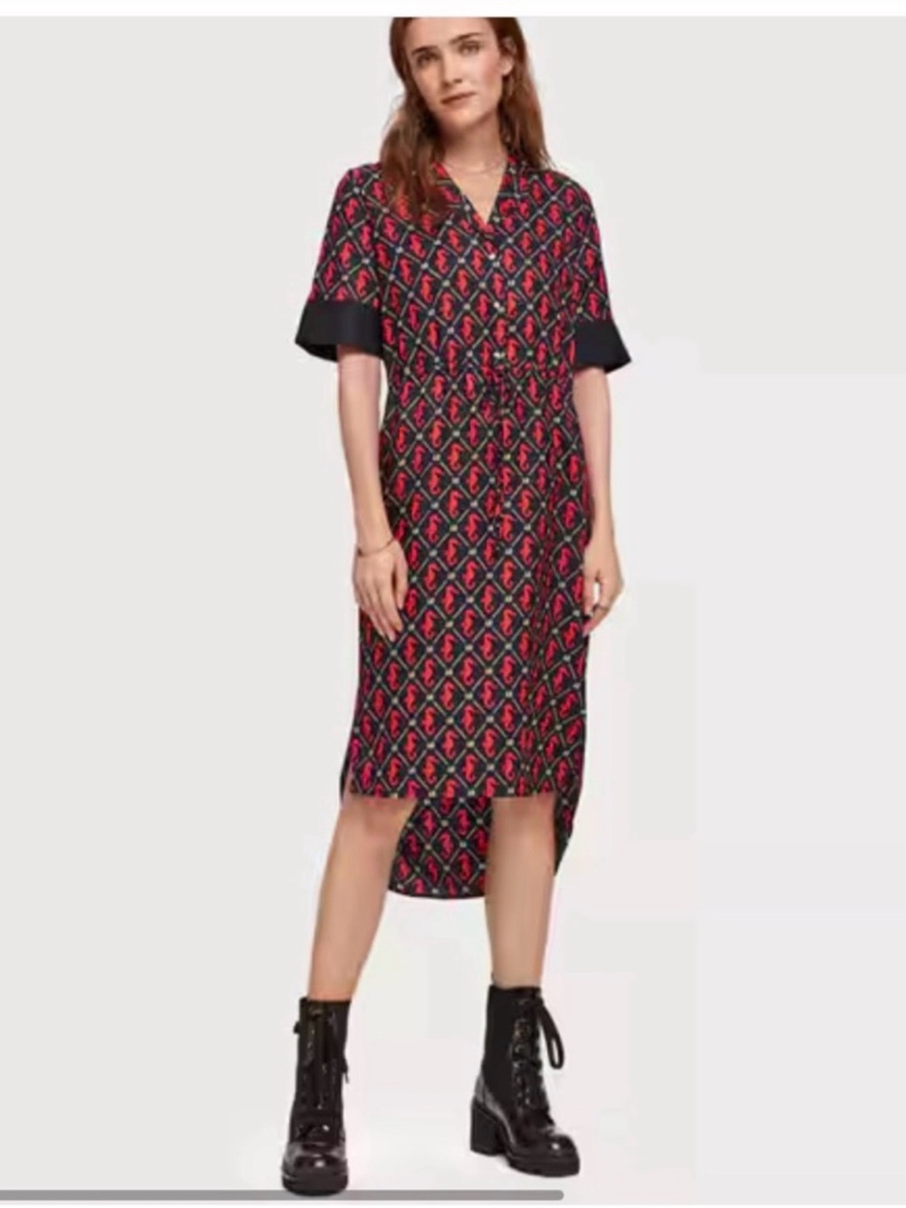 Scotch and Soda Seahorse Print Midi Dress in Navy and Red